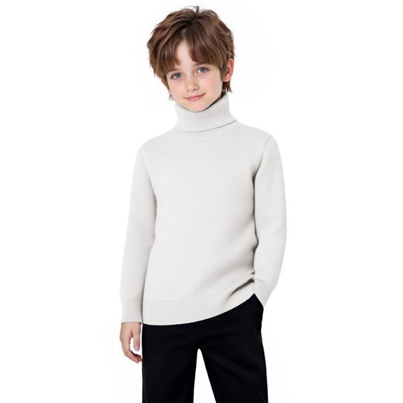 Eltusu Boys Thermal Sweaters, Warm Long Sleeve Pullover Half Turtleneck Winter Tops White Size 3-4 T