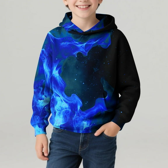 Eltusu Boys Winter Hoodies, Comfy Printed Pullover Long Sleeve Warm Sweatshirts Blue Size 5-6 T