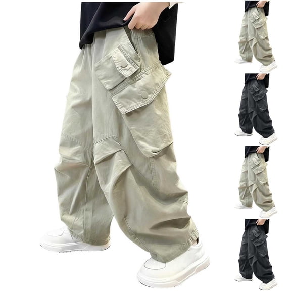 Eltusu Cargo Pants for Boys, Wide Leg Relaxed Fit Solid Color Elastic Waist Pants with Pockets Green Size 10-12 T