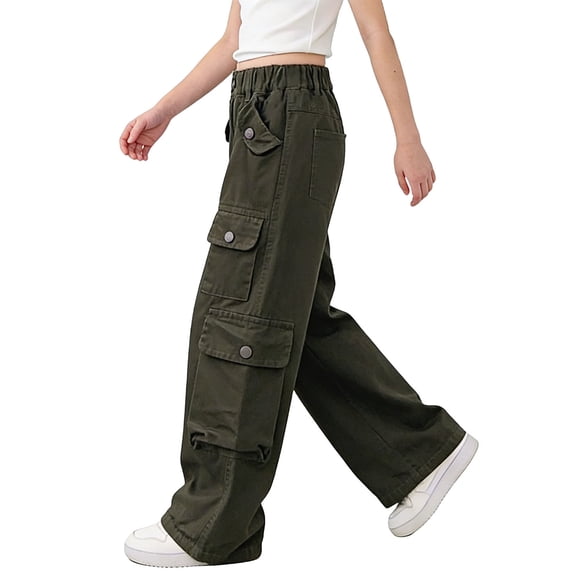 Eltusu Cargo Pants for Girls, Loose Fit Elastic Waist Straight Leg Casual Pants with Pockets Army Green Size 11-12T