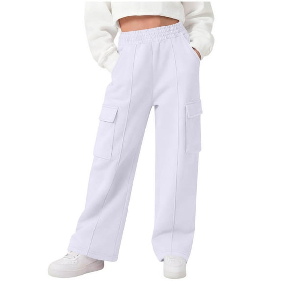 Eltusu Cargo Pants for Girls, Loose Fit Elastic Waist Straight Leg Solid Color Pants with Pockets White Size 5-6 T