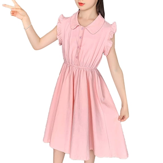 Eltusu Casual Dresses for Girls, Cotton Short Sleeve Ruffle Sleeve Crewneck Summer Dress Pink Size 14-15 T