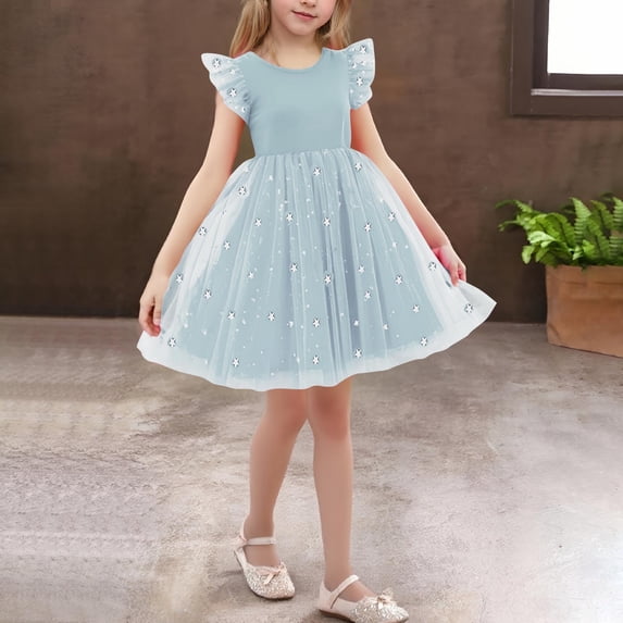 Eltusu Casual Dresses for Girls, Crewneck Mesh Ruffle Sleeve Short Sleeve Summer Dress Blue Size 3-4 T