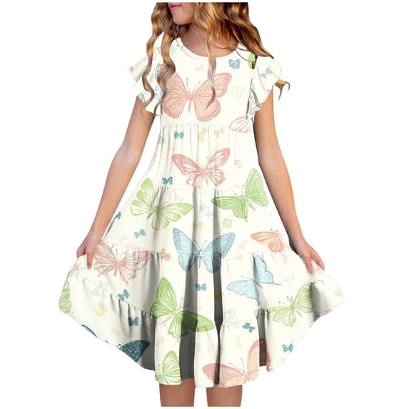 Eltusu Casual Dresses for Girls, Printed Ruffle Sleeve Crew Neck Short Sleeve Summer Dress Multicolor Size 8-9T