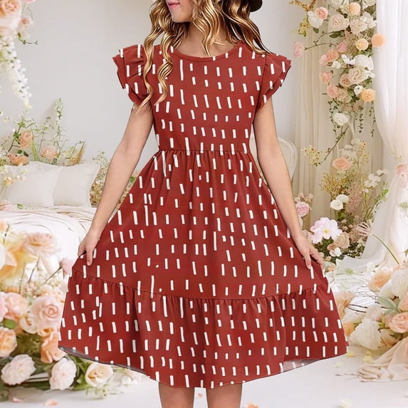 Eltusu Casual Dresses for Girls, Printed Ruffle Sleeve Crewneck Short Sleeve Summer Dress Red Size 13-14 T