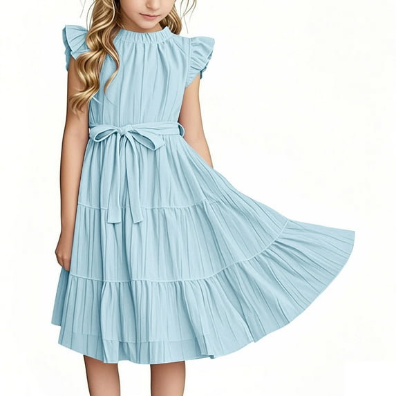 Eltusu Casual Dresses for Girls, Ruffle Sleeve Party Short Sleeve Crewneck Summer Dress Light Blue Size 13-14 T
