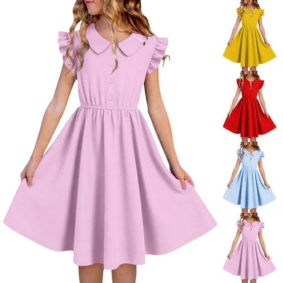 Eltusu Casual Dresses for Girls, Ruffle Sleeve Short Sleeve Fashion Lapel Collar Summer Dress Pink Size 10-12T