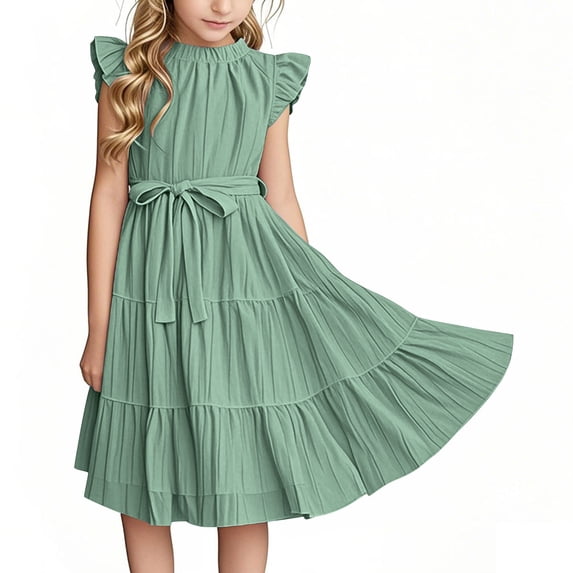 Eltusu Casual Dresses for Girls, Short Sleeve Basic Crewneck Ruffle Sleeve Summer Dress Green Size 7-8 T