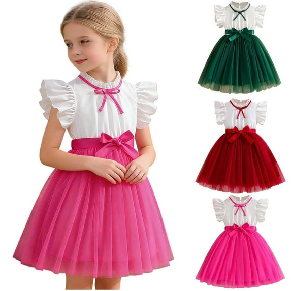 Eltusu Casual Dresses for Girls, Short Sleeve Bow Ruffle Sleeve Crewneck Summer Dress Hot Pink Size 6 T
