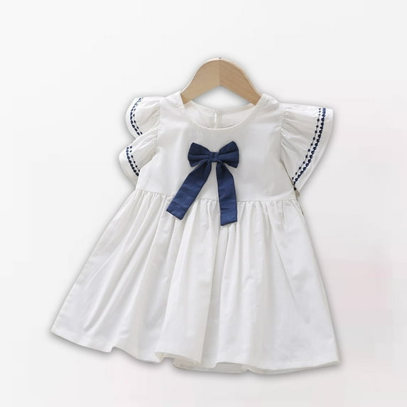 Eltusu Casual Dresses for Girls, Short Sleeve Crew Neck A-Line Cotton Summer Dress White Size 3-4 T