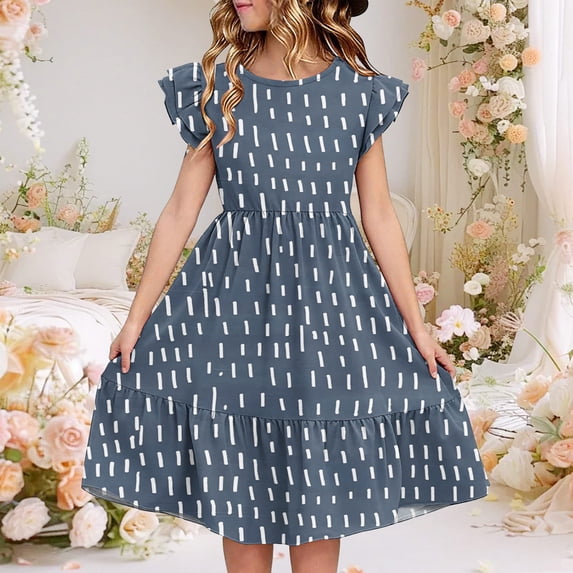 Eltusu Casual Dresses for Girls, Short Sleeve Crewneck Ruffle Sleeve Printed Summer Dress Navy Size 11-12 T