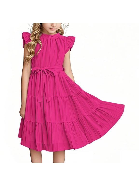 Casual Dresses for Girls, Short Sleeve Party Ruffle Sleeve Crewneck Summer Dress Hot Pink Size 14-16 T