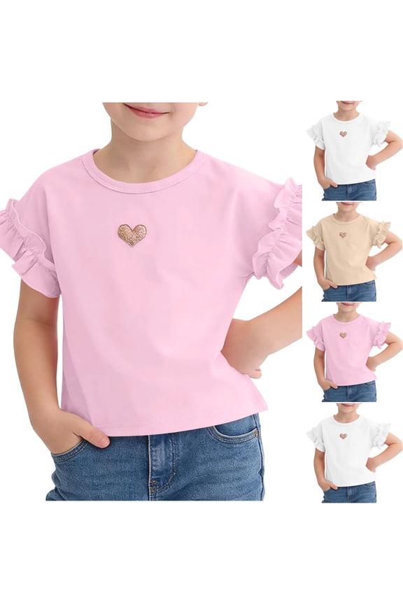 Cotton T-Shirts for Boys, Pullover Crewneck Summer Flutter Tee with Short Sleeve Pink Size 8 T