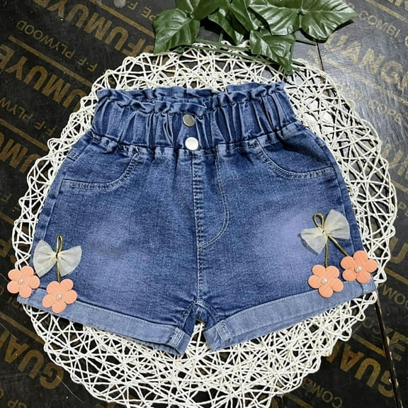 Eltusu Denim Shorts for Girls, Elastic Waist Casual Summer Bow Jean Shorts Blue Size 4-5 T