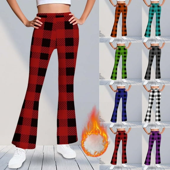 Eltusu Flare Leggings for Girls, Elastic Waist Plaid Thermal Stretchy Kids Winter Pants Red Size 6 T