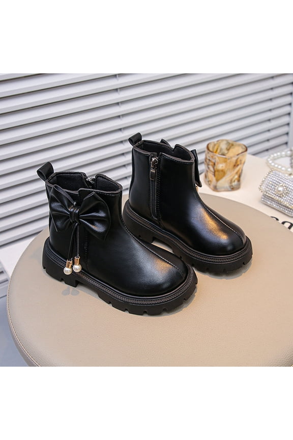 Girls Ankle Boots, Bow Warm Slip on Non Slip Winter Booties Shoes Black Size 1(Big Kids)