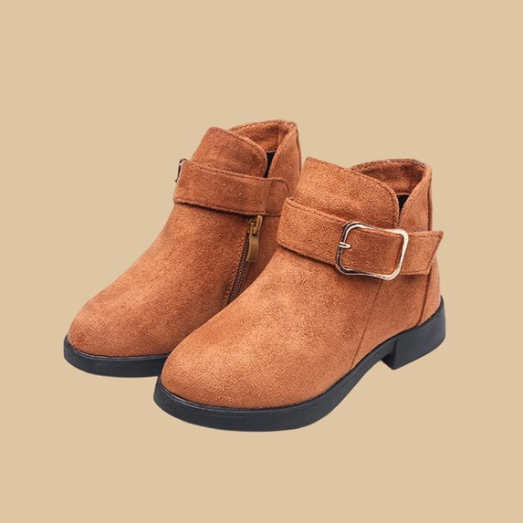 Eltusu Girls Ankle Boots, Chunky Non-Slip Warm Windproof Winter Booties Brown Size 2.5 Big Kids