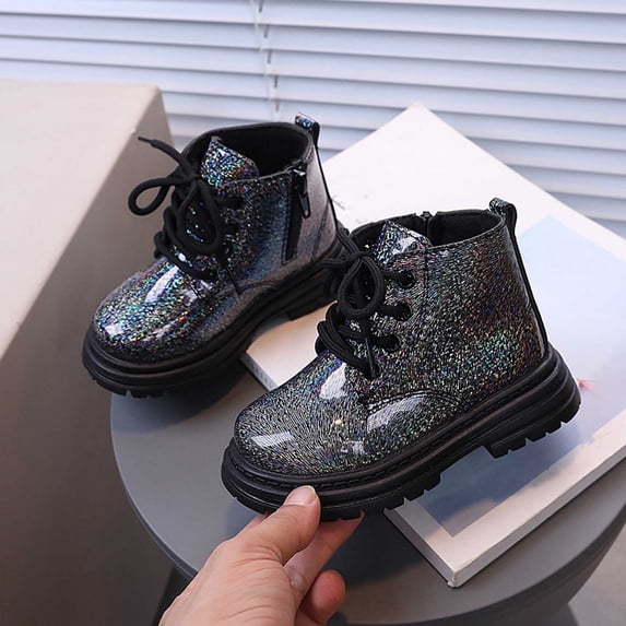 Eltusu Girls Ankle Boots Lace Up, Outdoor Waterproof PU No Slip Spring Winter Booties Black Size 11.5 Little Kids