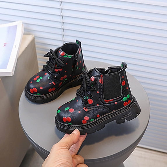 Eltusu Girls Ankle Boots Lace Up, PU Cute Non-Slip Windproof Spring Winter Booties Black Size 9.5 Little Kids
