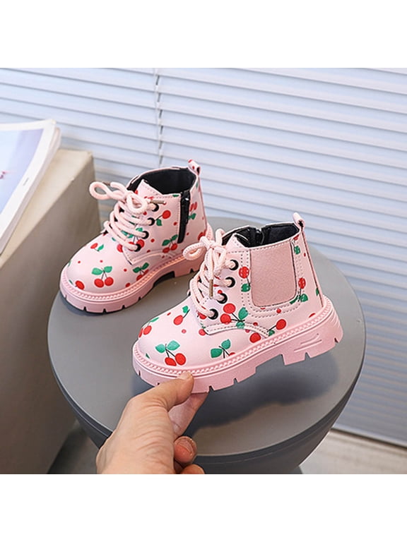 Girls Ankle Boots Lace Up, PU Cute Non-Slip Windproof Spring Winter Booties Pink Size 9 Toddler