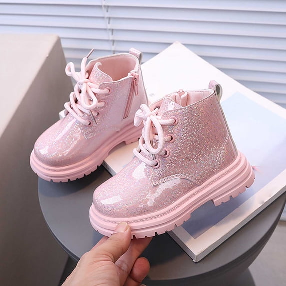 Eltusu Girls Ankle Boots Lace Up, PU Outdoor No Slip Waterproof Spring Winter Booties Pink Size 10 Little Kids