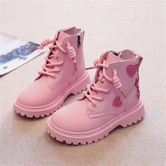 Eltusu Girls Ankle Boots Lace Up, Soft Bottom Chunky Windproof No Slip Spring Winter Booties Pink Size 3 Big Kids