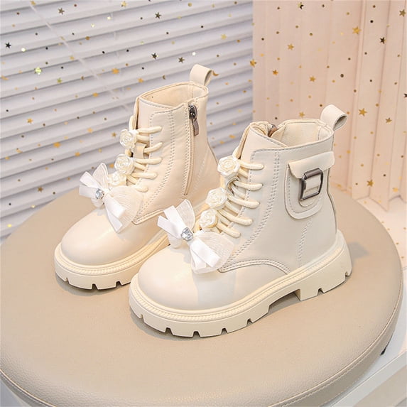 Eltusu Girls Ankle Boots Lace Up, Windproof Chunky Non-Slip Bow Spring Winter Booties Beige Size 11.5 Little Kids