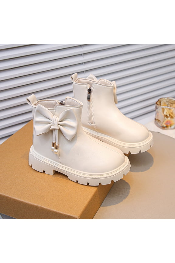 Girls Ankle Boots, Non Slip Slip on Warm Bow Winter Booties Shoes Beige Size 1.5(Big Kids)