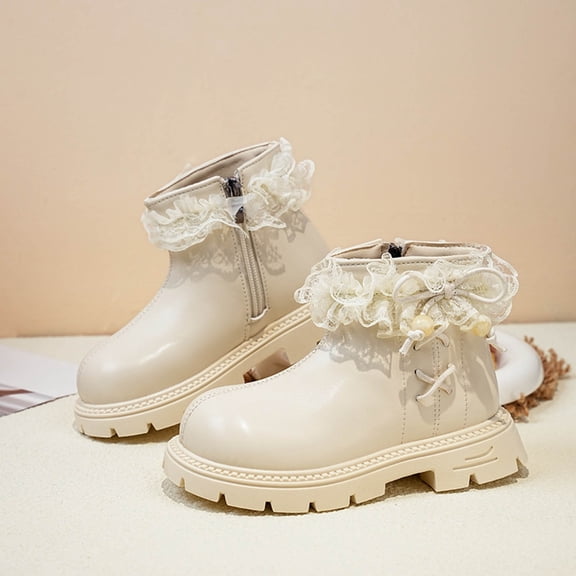 Eltusu Girls Ankle Boots, Slip on No Slip Warm Solid Color Winter Booties Shoes Beige Size 13(Little Kids)