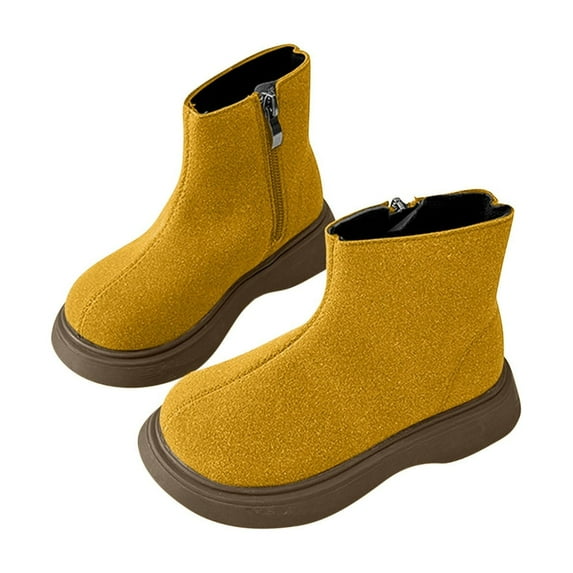 Eltusu Girls Ankle Boots, Slip on Thermal Solid Color No Slip Winter Booties Shoes Yellow Size 2(Big Kids)