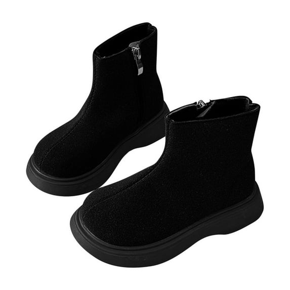 Eltusu Girls Ankle Boots, Thermal No Slip Solid Color Slip on Winter Booties Shoes Black Size 1(Big Kids)