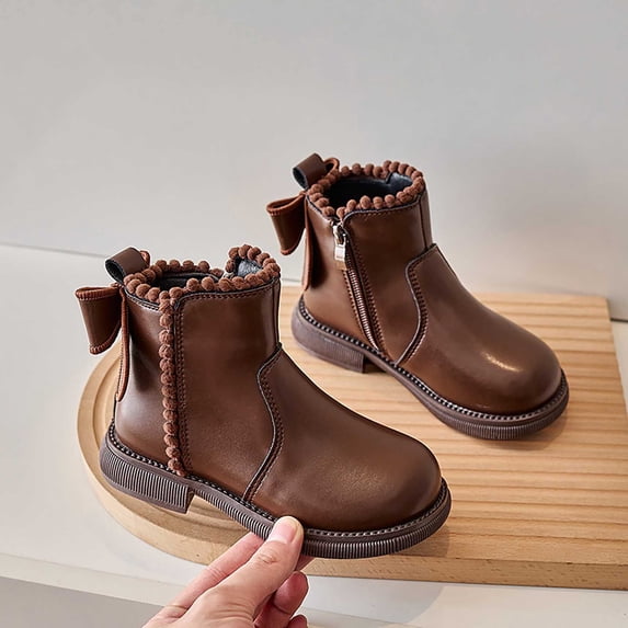 Eltusu Girls Ankle Boots, Windproof Bow PU Non-Slip Winter Booties Brown Size 10 Little Kids