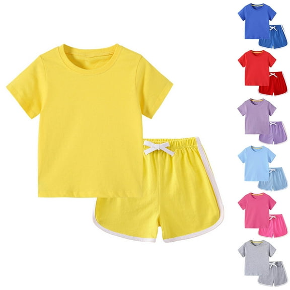 Eltusu Girls Athletic Outfit Sets, Comfort Cotton Short Sleeve T-Shirts and Shorts Sets Yellow Size 7-8 T