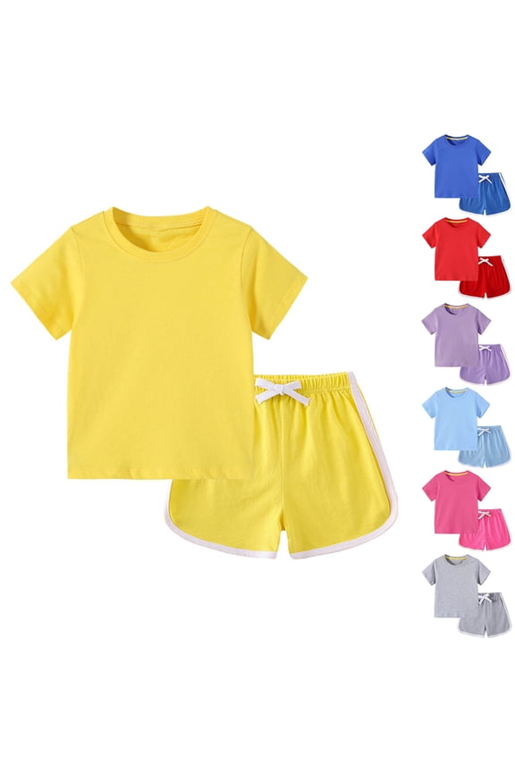Girls Athletic Outfit Sets, Comfort Cotton Short Sleeve T-Shirts and Shorts Sets Yellow Size 7-8 T