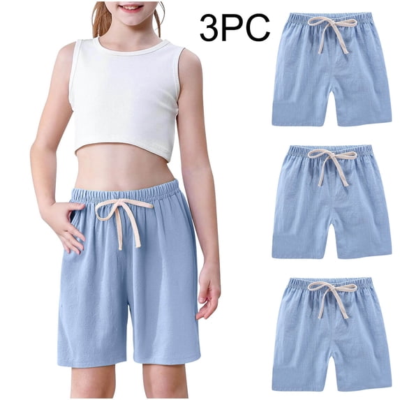Eltusu Girls Athletic Shorts, 3 Pieces Casual Knee Length Elastic Waist Summer Shorts Blue Size 4-5 T