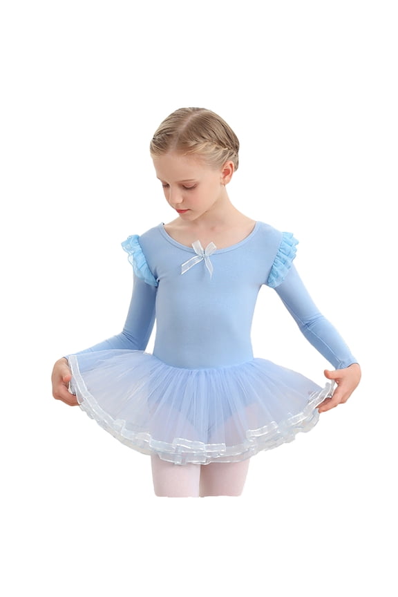 Girls Ballet Dance Dress, Long Sleeve Practice Performance Cotton Leotard Skirts Light Blue Size 12-13 T