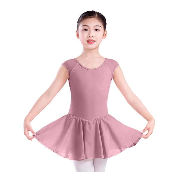 Eltusu Girls Ballet Dance Dress, Practice Comfy Cotton Sleeveless Leotard Skirts Hot Pink Size 6-7 T