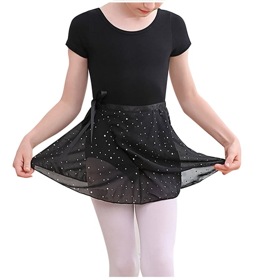 Eltusu Girls Ballet Dance Dress, Practice Cotton Short Sleeve Performance Leotard Skirts Black Size 10-11 T