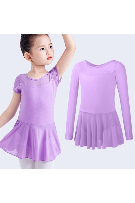 Girls Ballet Dance Dress, Practice Short Sleeve Cotton Crewneck Leotard Skirts Purple Size 6-7 T