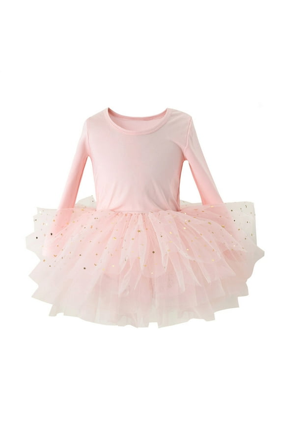 Girls Ballet Dance Dress, Princess Performance Crewneck Long Sleeve Ballerina Dancewear Pink Size 4-5 T