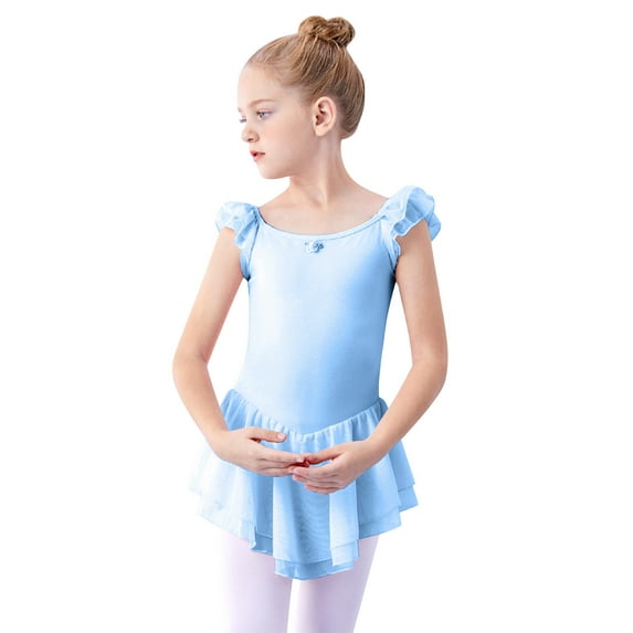 Eltusu Girls Ballet Dance Dress, Princess Short Sleeve Practice Cotton Leotard Skirts Light Blue Size 6-7 T