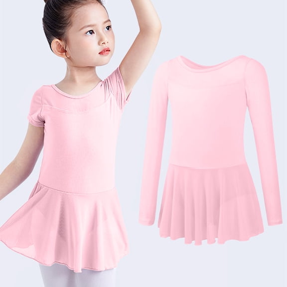 Eltusu Girls Ballet Dance Dress, Short Sleeve Cotton Crewneck Practice Leotard Skirts Pink Size 4-17 T