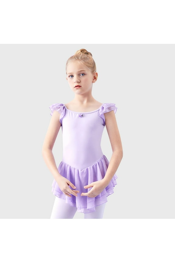 Girls Ballet Dance Dress, Short Sleeve Cotton Princess Practice Leotard Skirts Purple Size 4-5 T