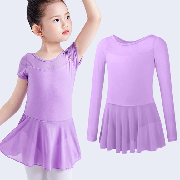 Eltusu Girls Ballet Dance Dress, Short Sleeve Practice Cotton Crewneck Leotard Skirts Purple Size 4-5 T