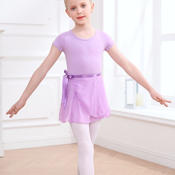 Eltusu Girls Ballet Dance Dress, Short Sleeve Practice Cotton Performance Leotard Skirts Purple Size 8-9 T