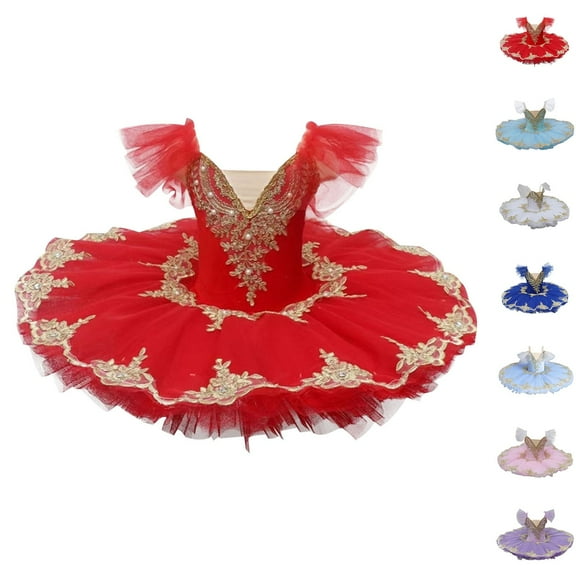 Eltusu Girls Ballet Dance Dress, Short Sleeve Ruffle sleeve Stage Performance Ballerina Dancewear Red Size 1-14 T