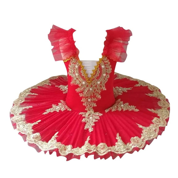 Eltusu Girls Ballet Dance Dress, Short Sleeve Tutu Performance Ruffle sleeve Ballerina Dancewear Red Size 3-4 T