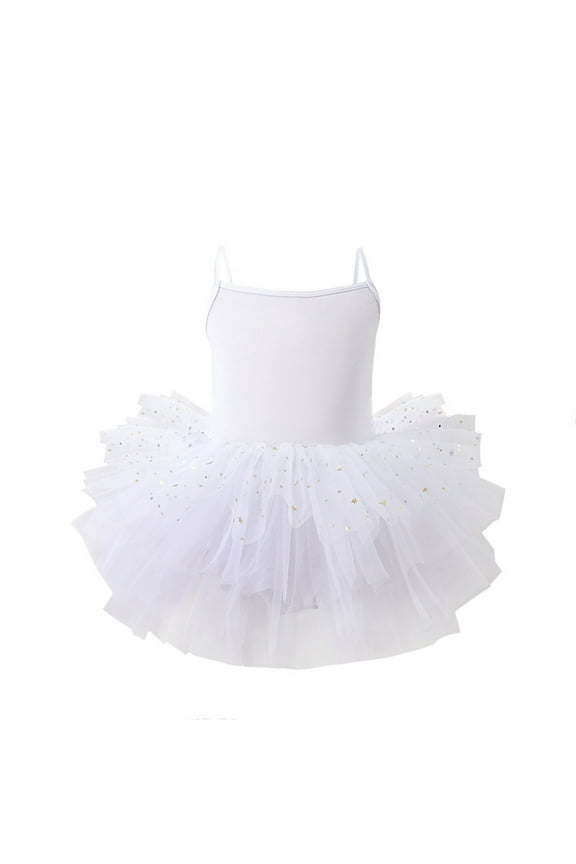 Girls Ballet Dance Dress, Sleeveless Performance Crew Neck Dancewear Tutu Dresses White Size 5-6 T