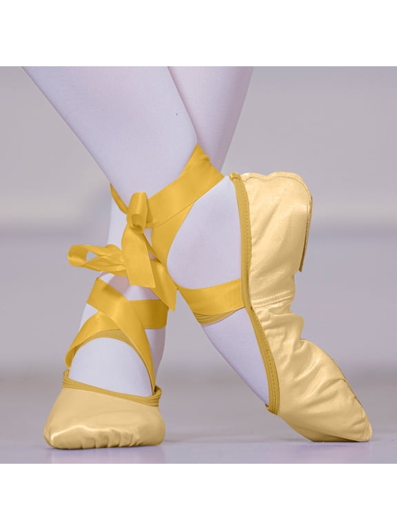 Girls Ballet Shoes, Breathable Non-Slip Stretchy Lace up Ballet Slippers Dance Shoes Yellow Size 10.5 T