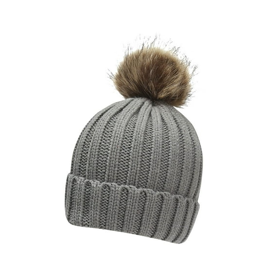 Eltusu Girls Beanies with Pompom, Ski Stretch Warm Soft Winter Hats Gray Size 4-12 T